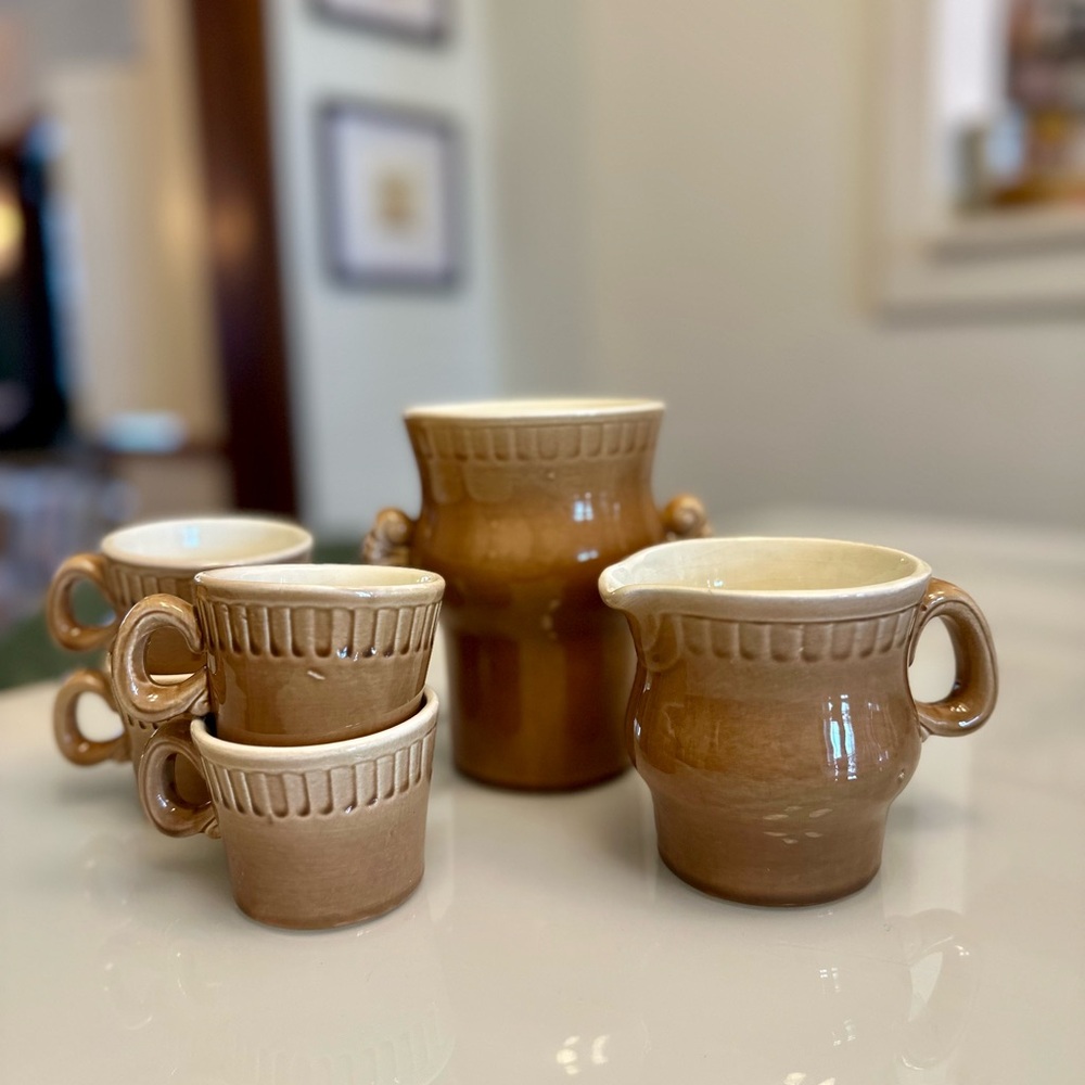 Vintage USSR Ceramic Creamer, Coffee Cups, and Napkin Vase